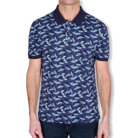 Slate & Stone Polo Shirt 100% Cotton Navy Blue Fern Print, Size M - Picture 2 of 15